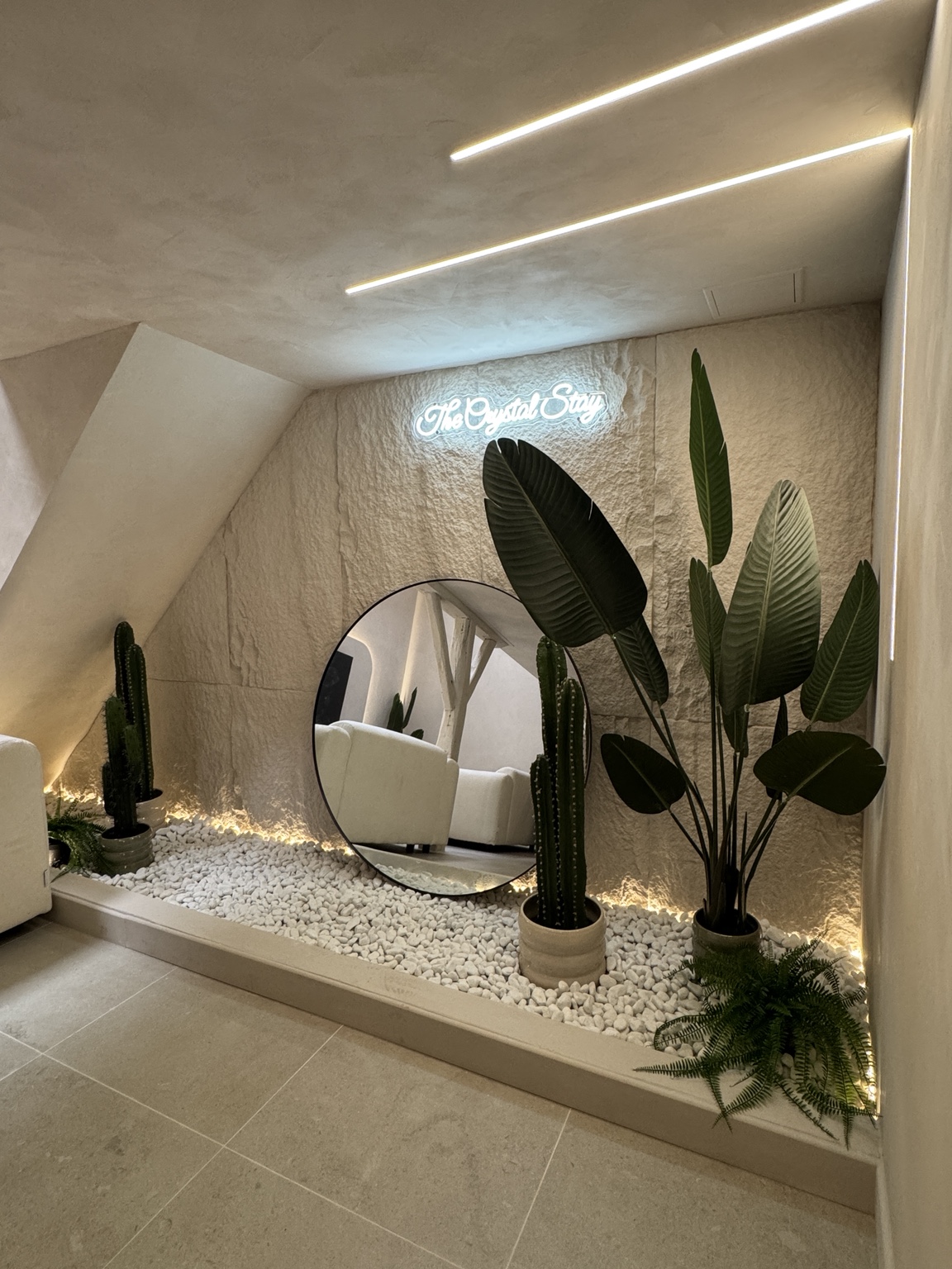 Décor minéral avec miroir, plantes et éclairage intégré