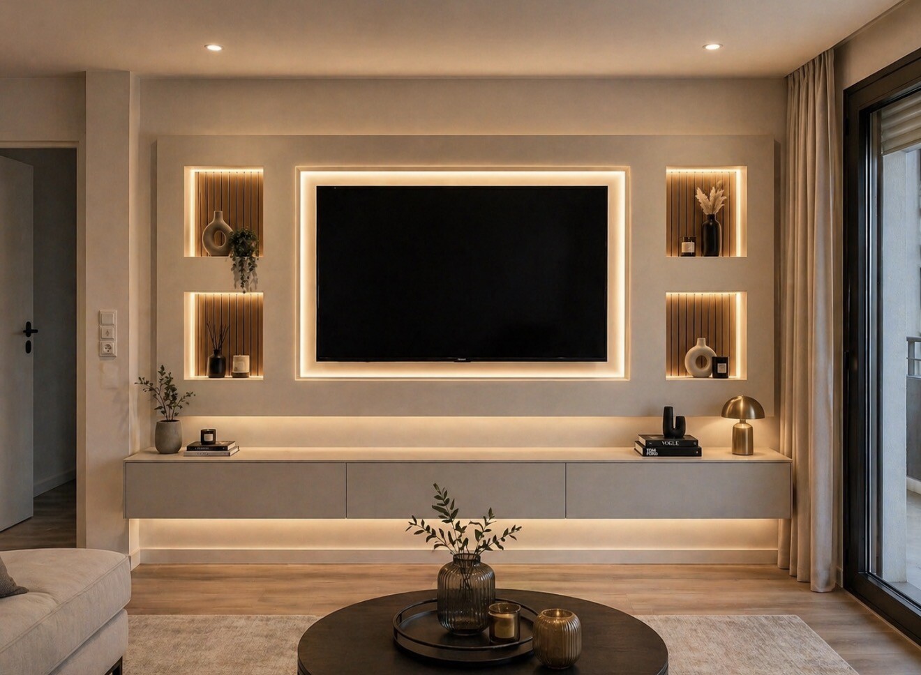 Décor TV sur mesure avec quatre niches et éclairage LED intégré
